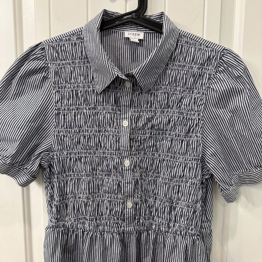 J.Crew Striped Smocked Shirt Dress Black White Ruffle Hem Cottagecore M - Picture 4 of 6